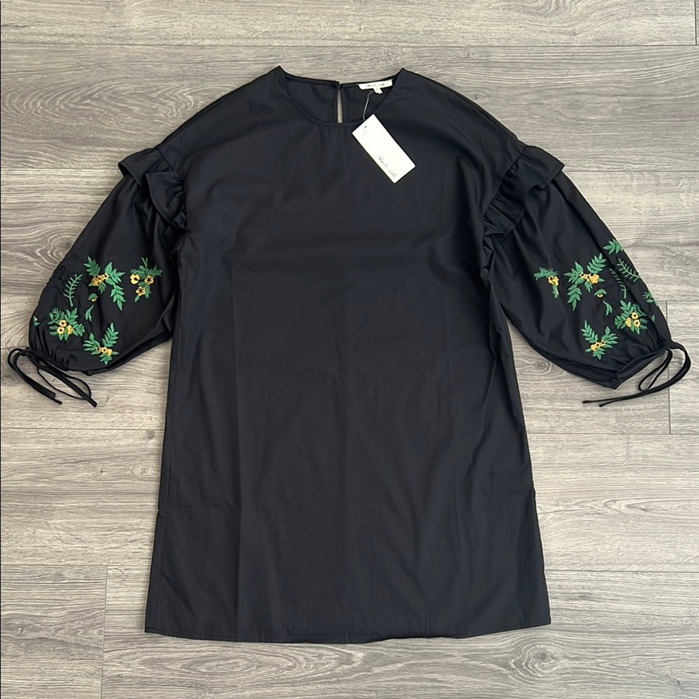 BLEUH CIEL Puff Sleeve Mini Dress Size Small Black Floral Embroidery Cottagecore